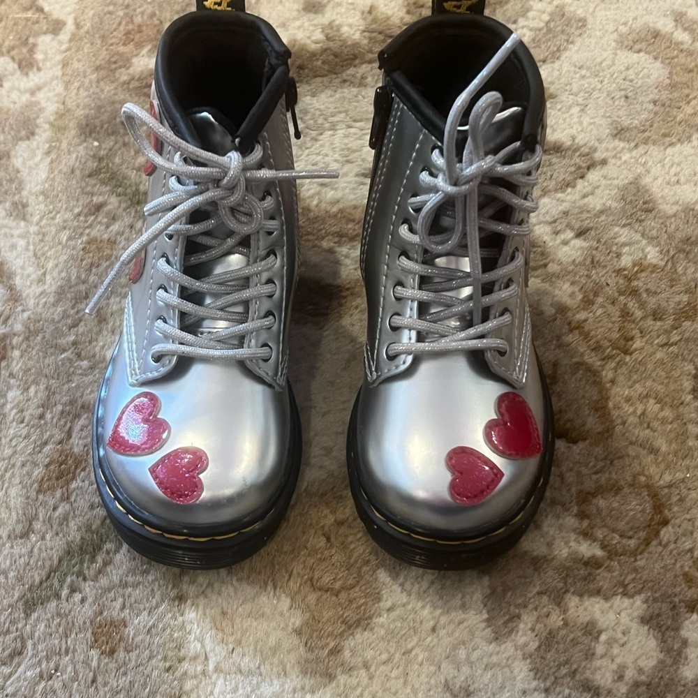 Dr Martens Silver Boots with Pink Heart Accents toddler girl